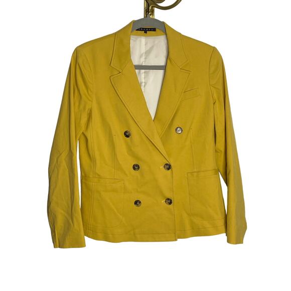 Theory Double Breasted Blazer Jacket Career Tortoise Button Cotton Mustard Sz 8 - Picture 1 of 8